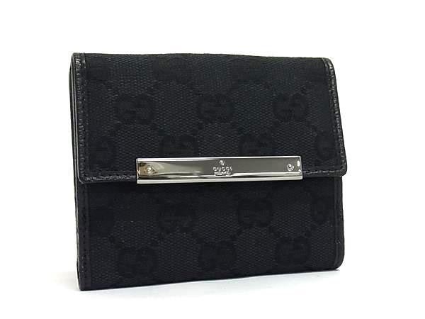 GUCCI グッチ 二つ折り財布 GGキャンバス 112716 ブラック系 キャンバス×レザー レディース Wホック シルバー金具 美品