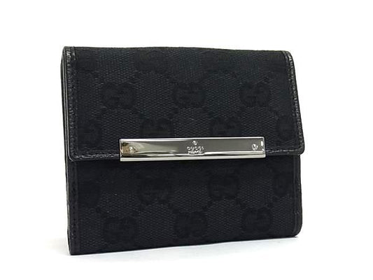 GUCCI グッチ 二つ折り財布 GGキャンバス 112716 ブラック系 キャンバス×レザー レディース Wホック シルバー金具 美品