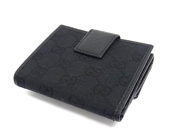 GUCCI グッチ 二つ折り財布 GGキャンバス 112716 ブラック系 キャンバス×レザー レディース Wホック シルバー金具 美品