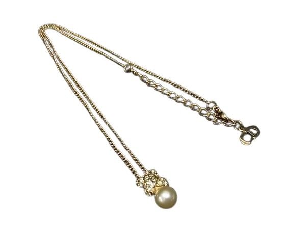 Christian Dior ディオール ネックレス ゴールド系 メタル ラインストーン フェイクパール 美品