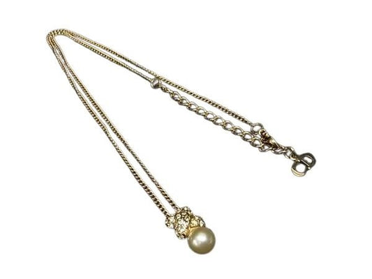 Christian Dior ディオール ネックレス ゴールド系 メタル ラインストーン フェイクパール 美品