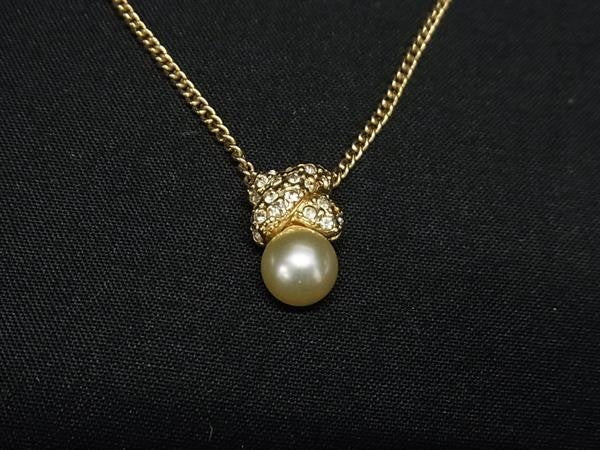 Christian Dior ディオール ネックレス ゴールド系 メタル ラインストーン フェイクパール 美品