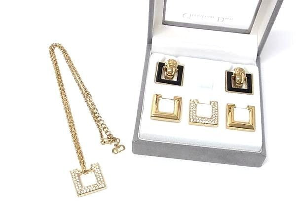 Christian Dior ディオール ペンダント チェンジトップ ネックレス イヤリング セット ゴールド系 メタル ラインストーン レディース スクエア 美品
