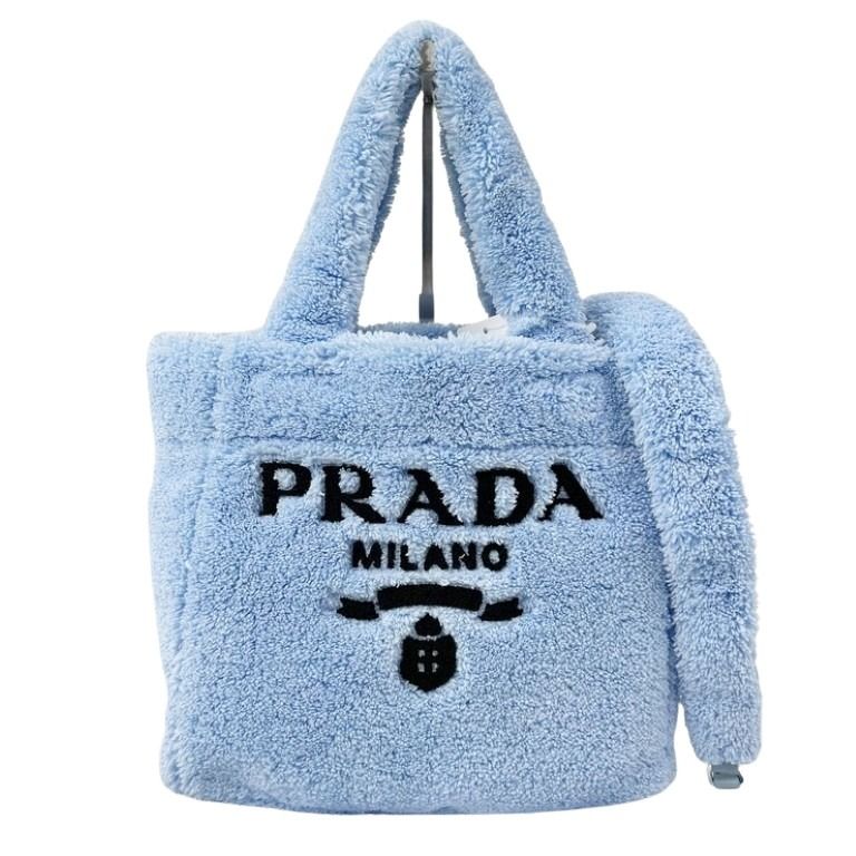 PRADA プラダ ハンドバッグ シアリング ミニトート 1BG447 ブルー系 パイル レディース 2WAY ショルダーバッグ シルバー金具 美品