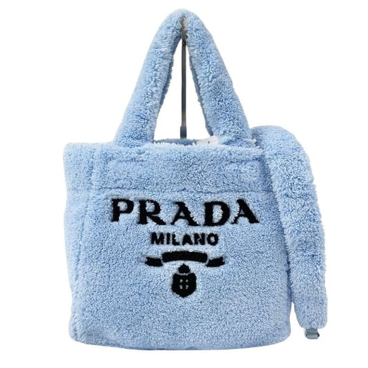 PRADA プラダ ハンドバッグ シアリング ミニトート 1BG447 ブルー系 パイル レディース 2WAY ショルダーバッグ シルバー金具 美品