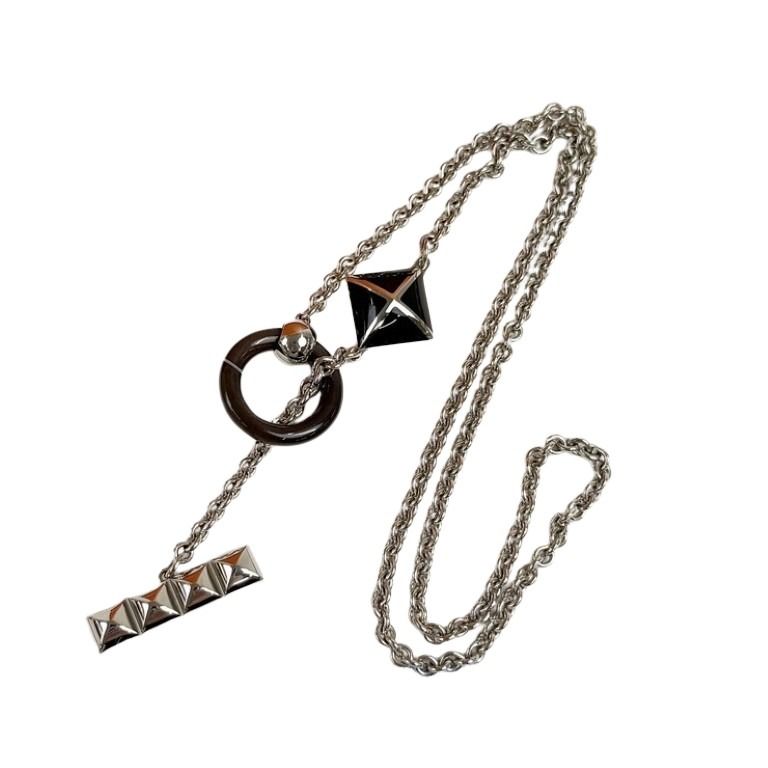HERMES エルメス ネックレス メドールXO ブラック ブラウン シルバー系 バッファローホーン メタル レディース 美品