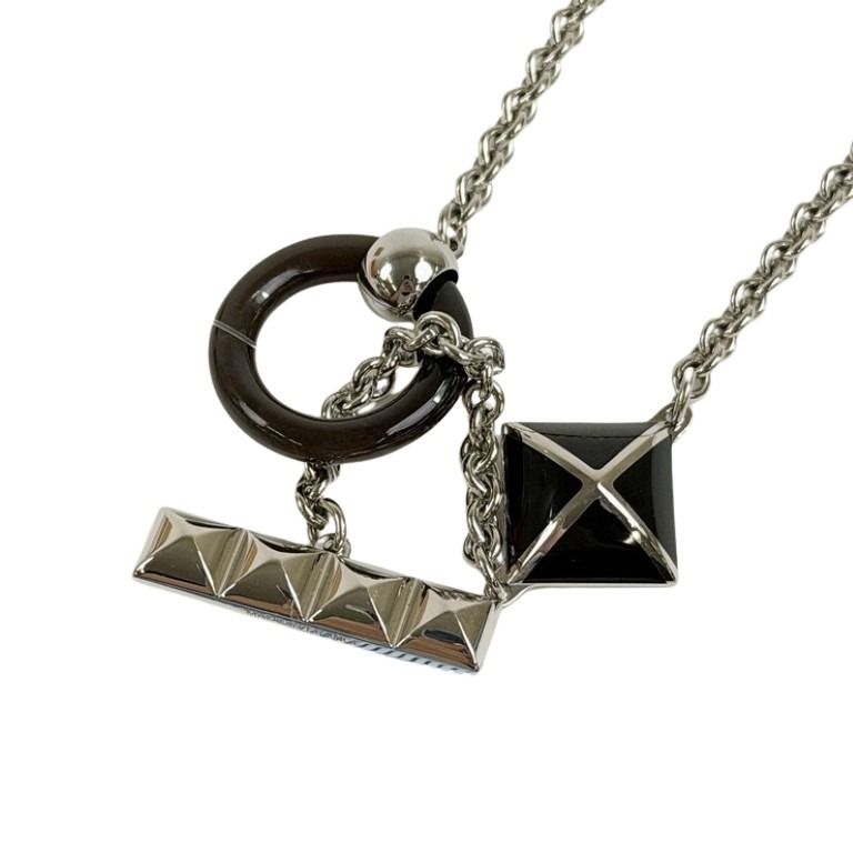 HERMES エルメス ネックレス メドールXO ブラック ブラウン シルバー系 バッファローホーン メタル レディース 美品