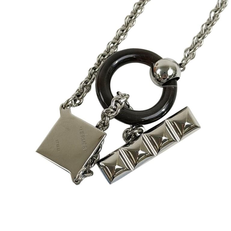 HERMES エルメス ネックレス メドールXO ブラック ブラウン シルバー系 バッファローホーン メタル レディース 美品