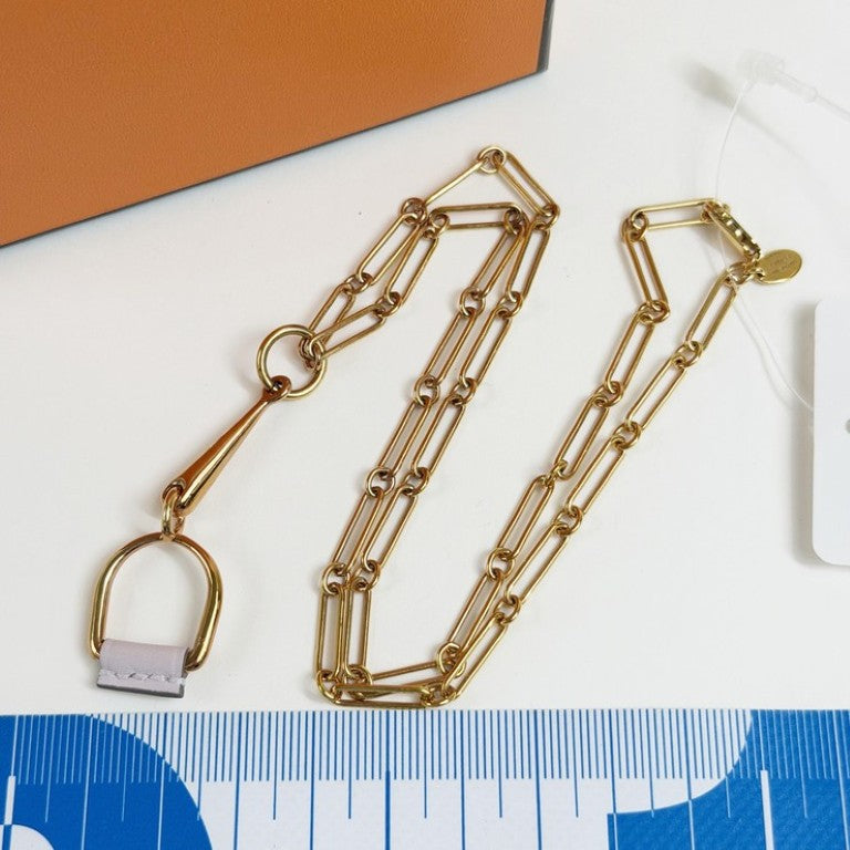 HERMES エルメス ネックレス エリタージュ エスケトル PM モーヴペール ピンクゴールド系 メタル レザー レディース 美品
