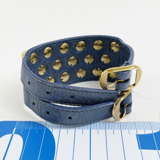 BALENCIAGA バレンシアガ ブレスレット ブルー系 レザー メタル ユニセックス スタッズ ゴールド金具 美品