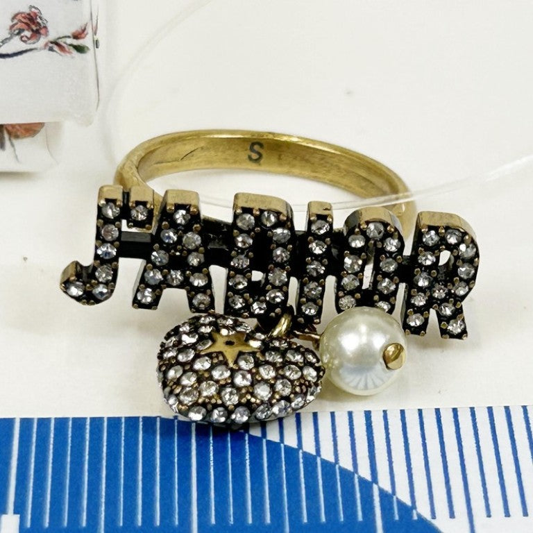 Christian Dior クリスチャンディオール リング ジャディオール ゴールド系 メタル レディース ラインストーン フェイクパール ハート 指輪 美品