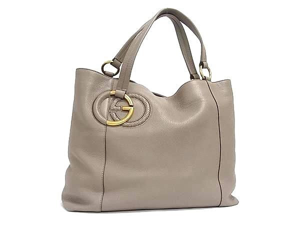 GUCCI グッチ トートバッグ インターロッキングG 309528 グレージュ系 レザー レディース ゴールド金具 美品