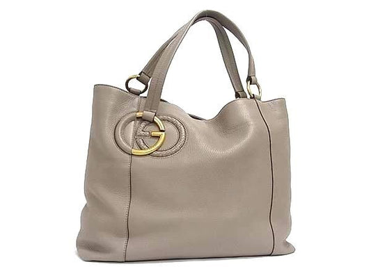 GUCCI グッチ トートバッグ インターロッキングG 309528 グレージュ系 レザー レディース ゴールド金具 美品