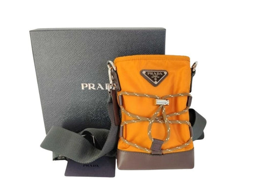 PRADA プラダ ショルダーバッグ RE-NYLON トライアングルロゴ 2ZT079 オレンジ ブラウン系 ナイロン レザー ユニセックス スマートフォンケース シルバー金具 美品