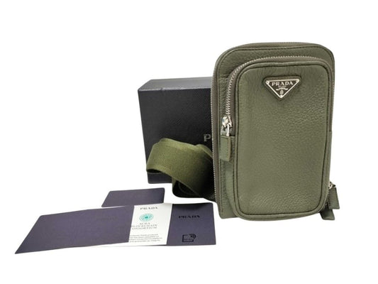 PRADA プラダ ショルダーバッグ トライアングルロゴ 2ZH195 カーキ系 レザー ユニセックス スマートフォンケース シルバー金具 美品