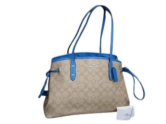 COACH コーチ ハンドバッグ シグネチャー F57842 ライトベージュ ブルー PVC レザー レディース 美品