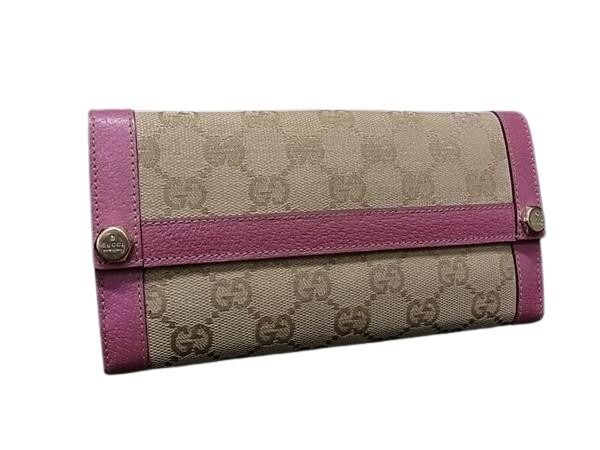 GUCCI グッチ 長財布 GGキャンバス 153211 ブラウン×ピンク系 キャンバス×レザー レディース Wホック 二つ折り ゴールド金具 美品