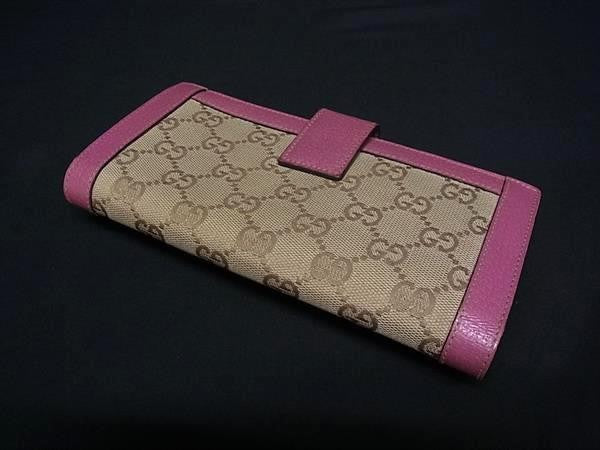 GUCCI グッチ 長財布 GGキャンバス 153211 ブラウン×ピンク系 キャンバス×レザー レディース Wホック 二つ折り ゴールド金具 美品