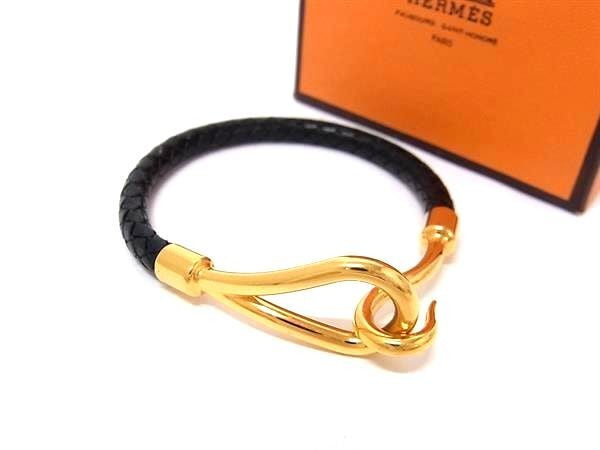 HERMES エルメス ブレスレット ジャンボ ブラック系 レザー レディース 編み込み ゴールド金具 超美品