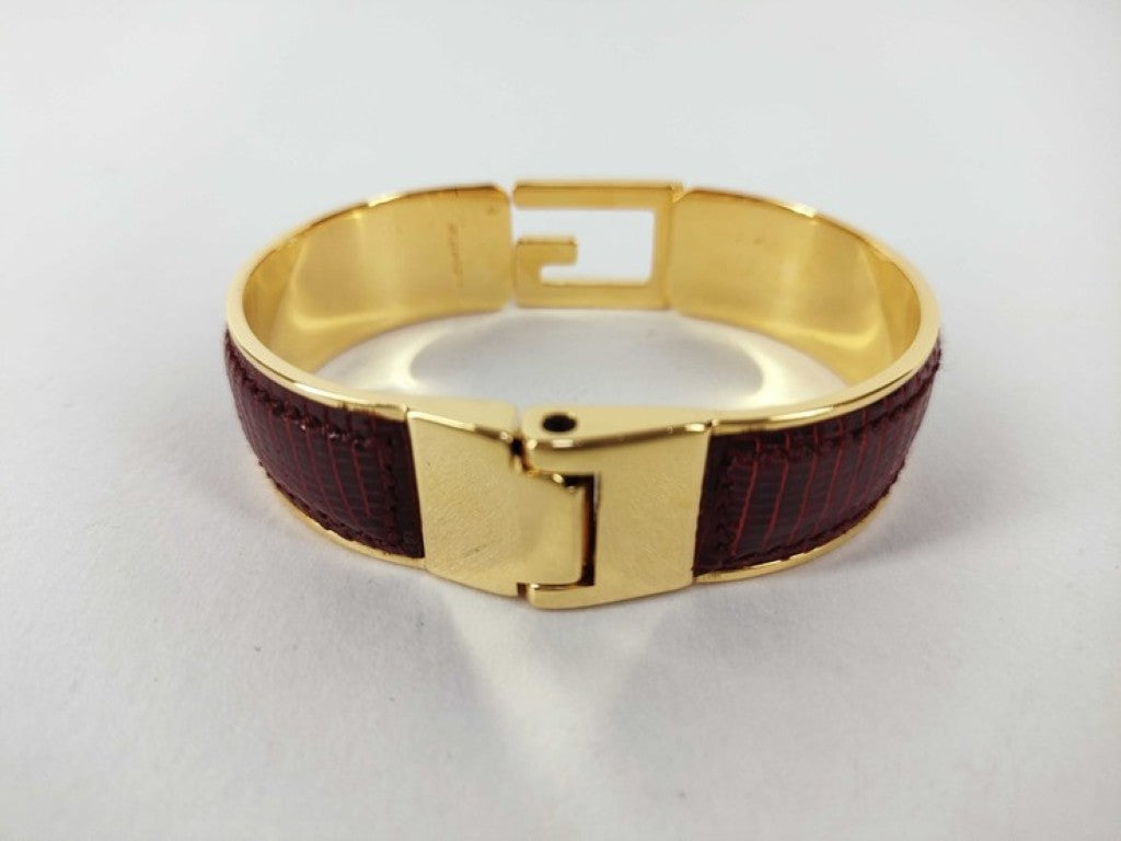 GUCCI グッチ バングル Gロゴ ボルドー ゴールド系 メタル リザード型押しレザー レディース Gモチーフ 美品