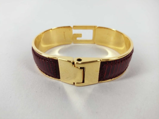 GUCCI グッチ バングル Gロゴ ボルドー ゴールド系 メタル リザード型押しレザー レディース Gモチーフ 美品