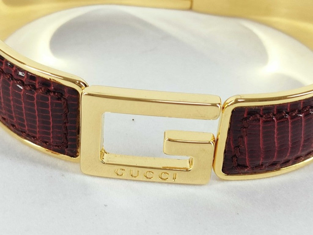 GUCCI グッチ バングル Gロゴ ボルドー ゴールド系 メタル リザード型押しレザー レディース Gモチーフ 美品
