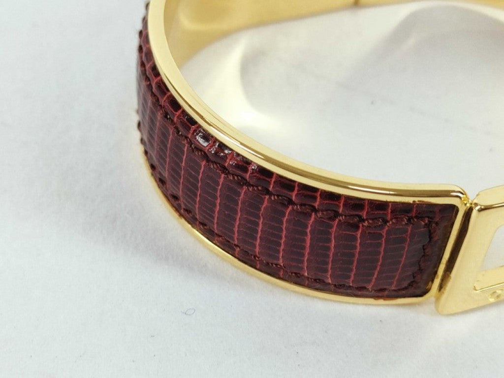 GUCCI グッチ バングル Gロゴ ボルドー ゴールド系 メタル リザード型押しレザー レディース Gモチーフ 美品