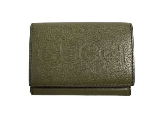 GUCCI グッチ 三つ折り財布 コンパクトウォレット 736151 グリーン系 レザー ユニセックス エンボスロゴ ミニウォレット