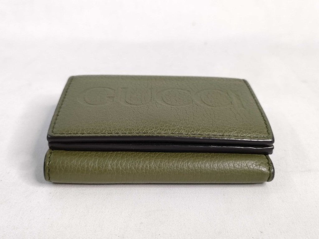 GUCCI グッチ 三つ折り財布 コンパクトウォレット 736151 グリーン系 レザー ユニセックス エンボスロゴ ミニウォレット