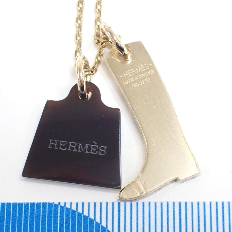 HERMES エルメス ネックレス アミュレット マロキニエ ゴールド ブラウン系 メタル バッファローホーン レディース ブーツモチーフ 超美品