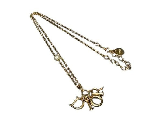 Christian Dior ディオール ネックレス スウィング ロゴ ゴールド系 メタル フェイクパール レディース 美品
