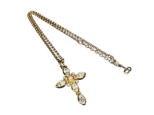 Christian Dior ディオール ネックレス クロス ペンダント ゴールド系 メタル ラインストーン フェイクパール レディース 美品