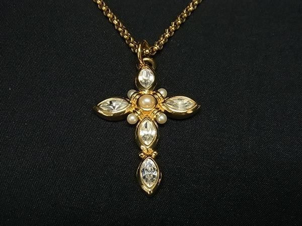 Christian Dior ディオール ネックレス クロス ペンダント ゴールド系 メタル ラインストーン フェイクパール レディース 美品