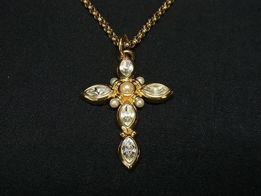 Christian Dior ディオール ネックレス クロス ペンダント ゴールド系 メタル ラインストーン フェイクパール レディース 美品
