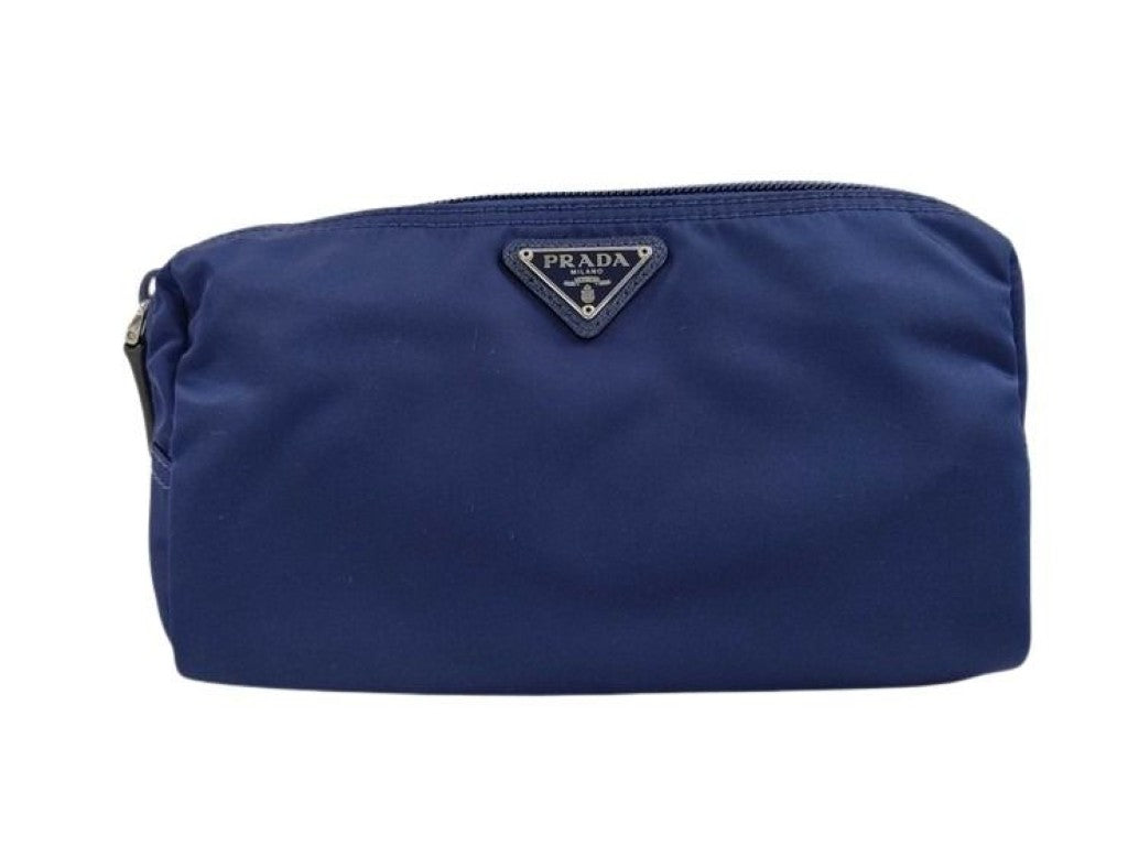 PRADA プラダ ポーチ トライアングルロゴ 1NA350 ブルー系 ナイロン レディース 白タグ シルバー金具 美品