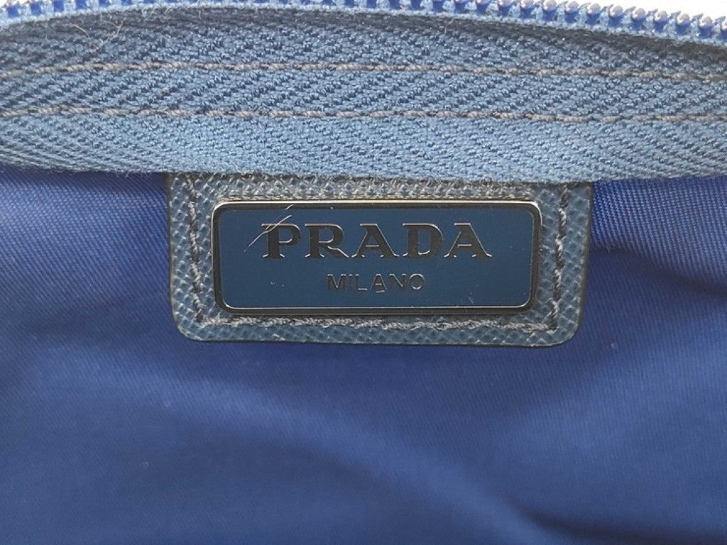 PRADA プラダ ポーチ トライアングルロゴ 1NA350 ブルー系 ナイロン レディース 白タグ シルバー金具 美品