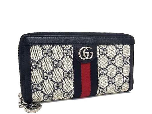 GUCCI グッチ 財布 オフィディア GGスプリーム 523154 ネイビー ベージュ PVC レザー ユニセックス ラウンドファスナー 長財布 シルバー金具 超美品