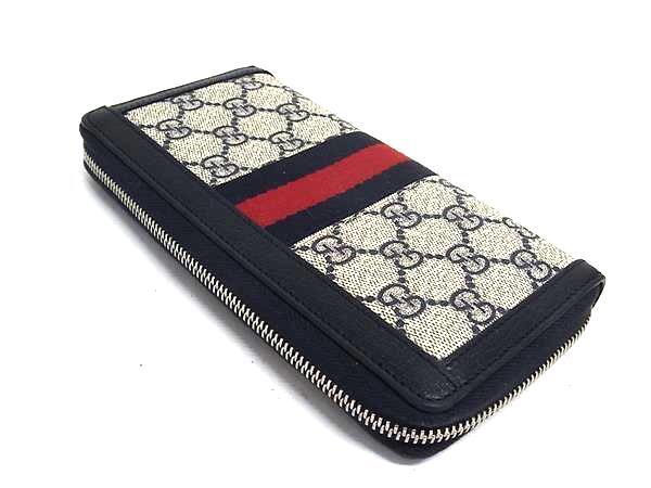 GUCCI グッチ 財布 オフィディア GGスプリーム 523154 ネイビー ベージュ PVC レザー ユニセックス ラウンドファスナー 長財布 シルバー金具 超美品