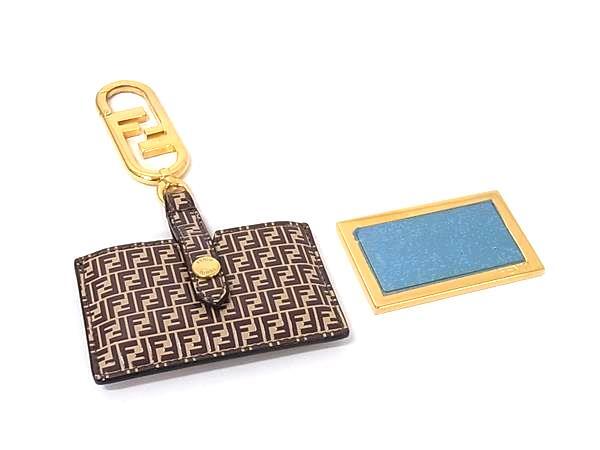 FENDI フェンディ キーホルダー ズッキーノ 7AS049 ブラウン レザー レディース ミラーホルダー ゴールド金具 美品