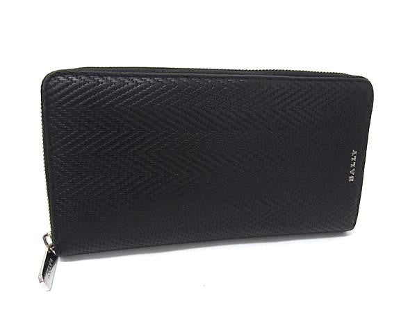 BALLY バリー 長財布 ブラック系 ジオメトリック加工レザー ユニセックス ラウンドファスナー 長財布 シルバー金具 美品