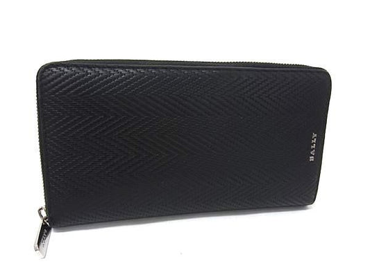 BALLY バリー 長財布 ブラック系 ジオメトリック加工レザー ユニセックス ラウンドファスナー 長財布 シルバー金具 美品