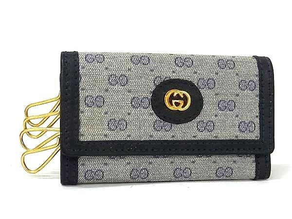 GUCCI グッチ キーケース マイクロGG グレー ネイビー系 コーティングキャンバス レディース 4連 オールドグッチ ゴールド金具 美品