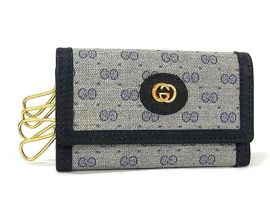 GUCCI グッチ キーケース マイクロGG グレー ネイビー系 コーティングキャンバス レディース 4連 オールドグッチ ゴールド金具 美品