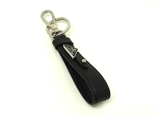 PRADA プラダ キーホルダー トライアングルロゴ 2PP68T ブラック系 サフィアーノレザー ユニセックス シルバー金具 美品