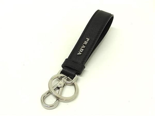 PRADA プラダ キーホルダー トライアングルロゴ 2PP68T ブラック系 サフィアーノレザー ユニセックス シルバー金具 美品
