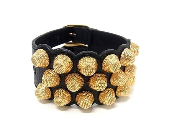 BALENCIAGA バレンシアガ ブレスレット ジャイアント ダブルストラップ ブラック ゴールド系 レザー メタル レディース スタッズ 美品