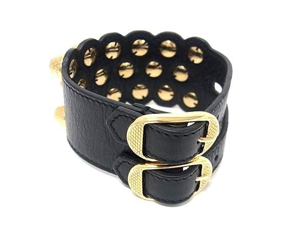BALENCIAGA バレンシアガ ブレスレット ジャイアント ダブルストラップ ブラック ゴールド系 レザー メタル レディース スタッズ 美品
