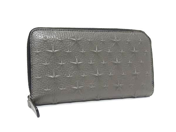 JIMMY CHOO ジミーチュウ 長財布 カーナビー グレー系 レザー ユニセックス スターエンボス ラウンドファスナー 美品