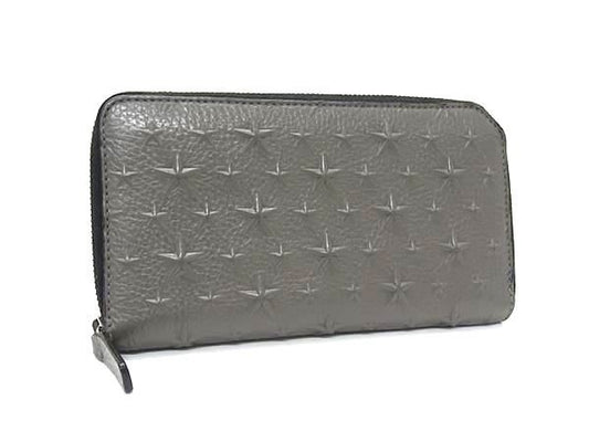 JIMMY CHOO ジミーチュウ 長財布 カーナビー グレー系 レザー ユニセックス スターエンボス ラウンドファスナー 美品