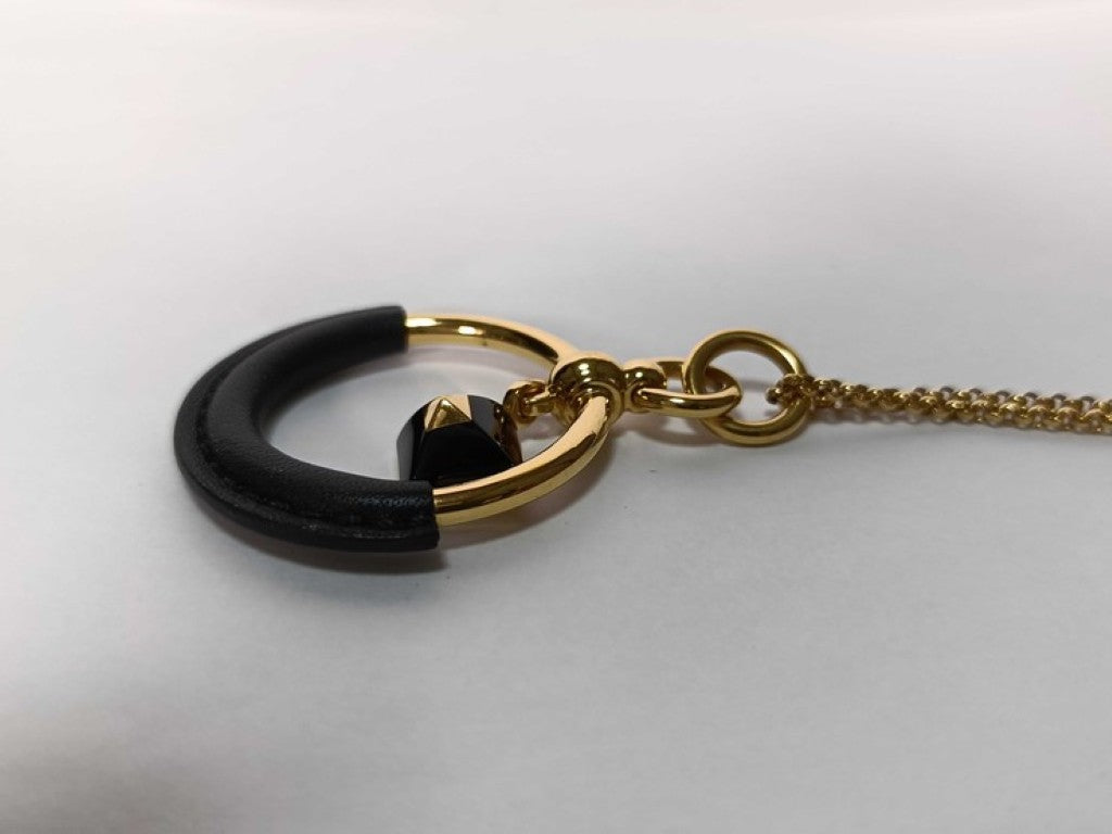 HERMES エルメス ネックレス ループ メドール PM ゴールド ブラック系 メタル レザー レディース 美品